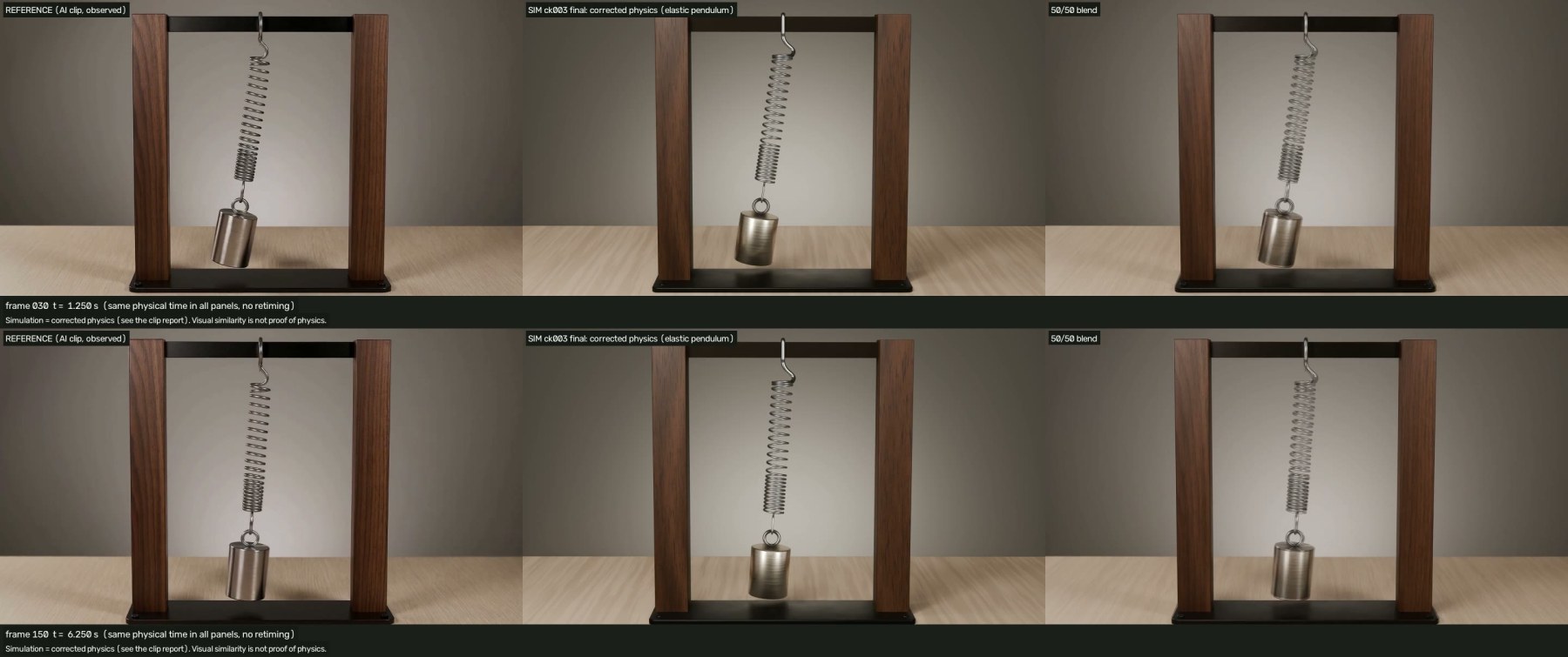 Torsion disc and spring pendulum: reference, corrected physics and a blended comparison at matched times. Both are modelled from the motion visible in the clip. Source: GitHub examples.