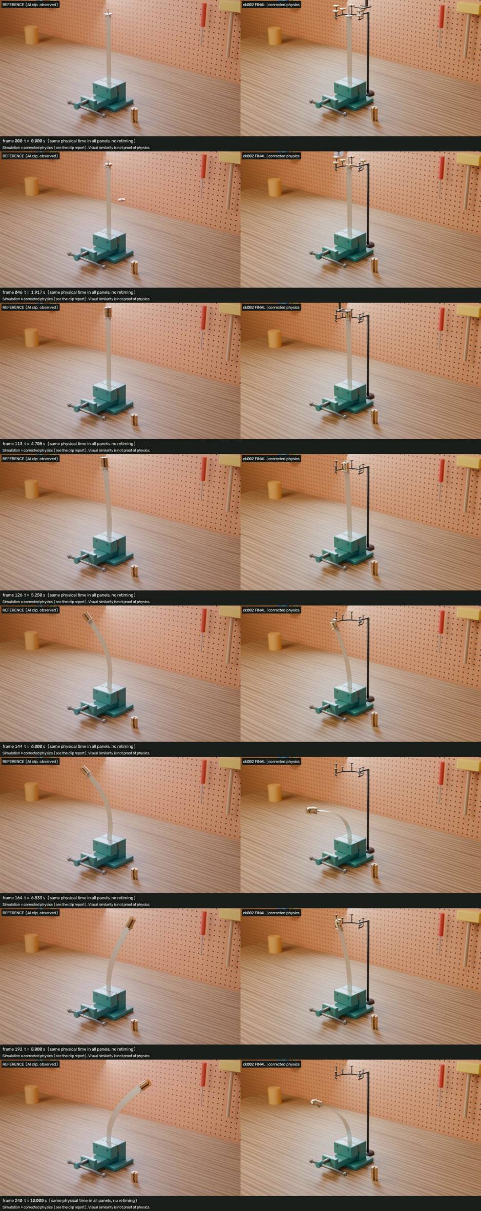 Ruler buckling across matched moments in the shot. Under the declared geometry and material assumptions, the critical load is 1.3576 N, reached during placement of the seventh weight. Source: GitHub ruler study.