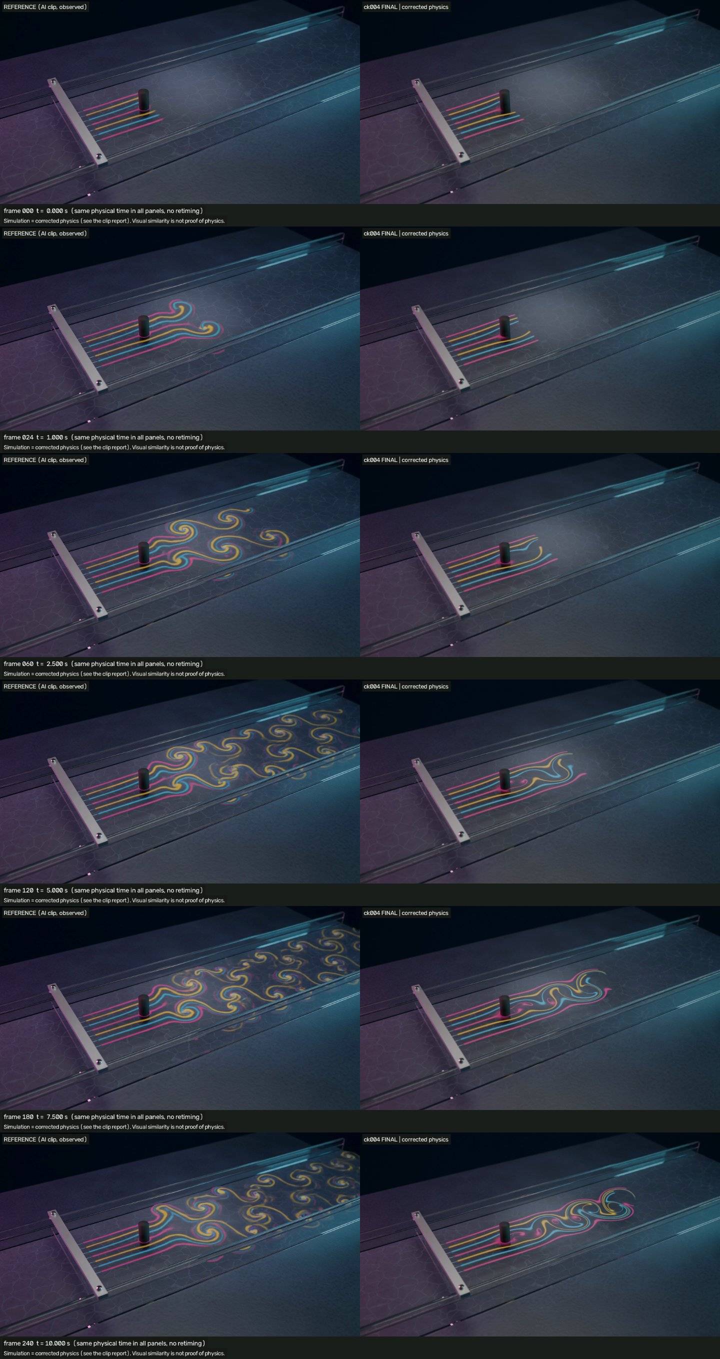 AI reference and solved flow at the same physical times. The corrected dye follows the Navier–Stokes velocity field; its slower development makes the timing error visible. Source: GitHub vortex-shedding study.